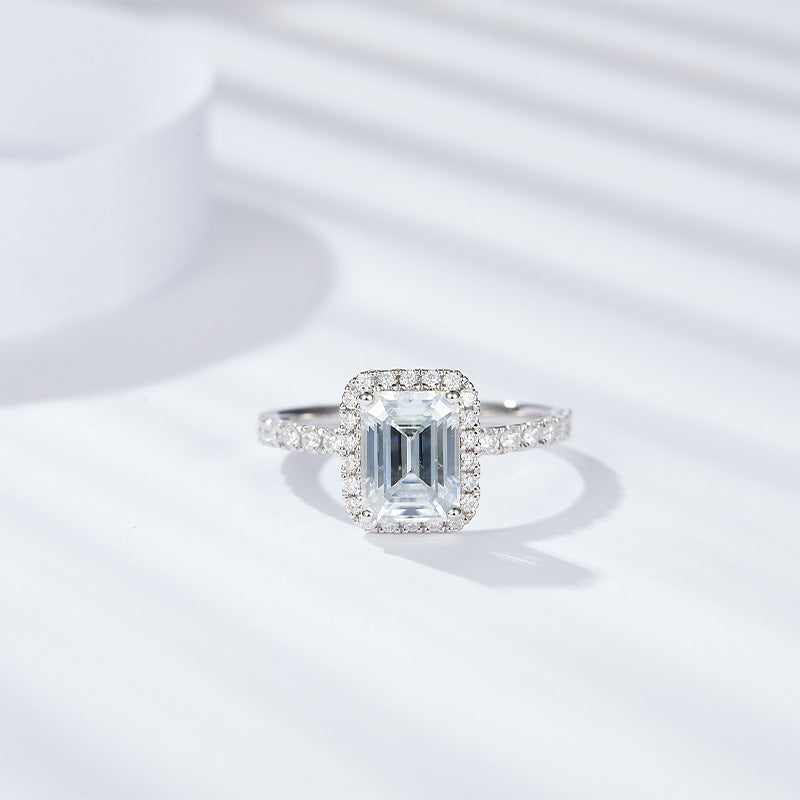 <53>Hard Candy —— Emerald cut halo with half pave  allmoissanite ring