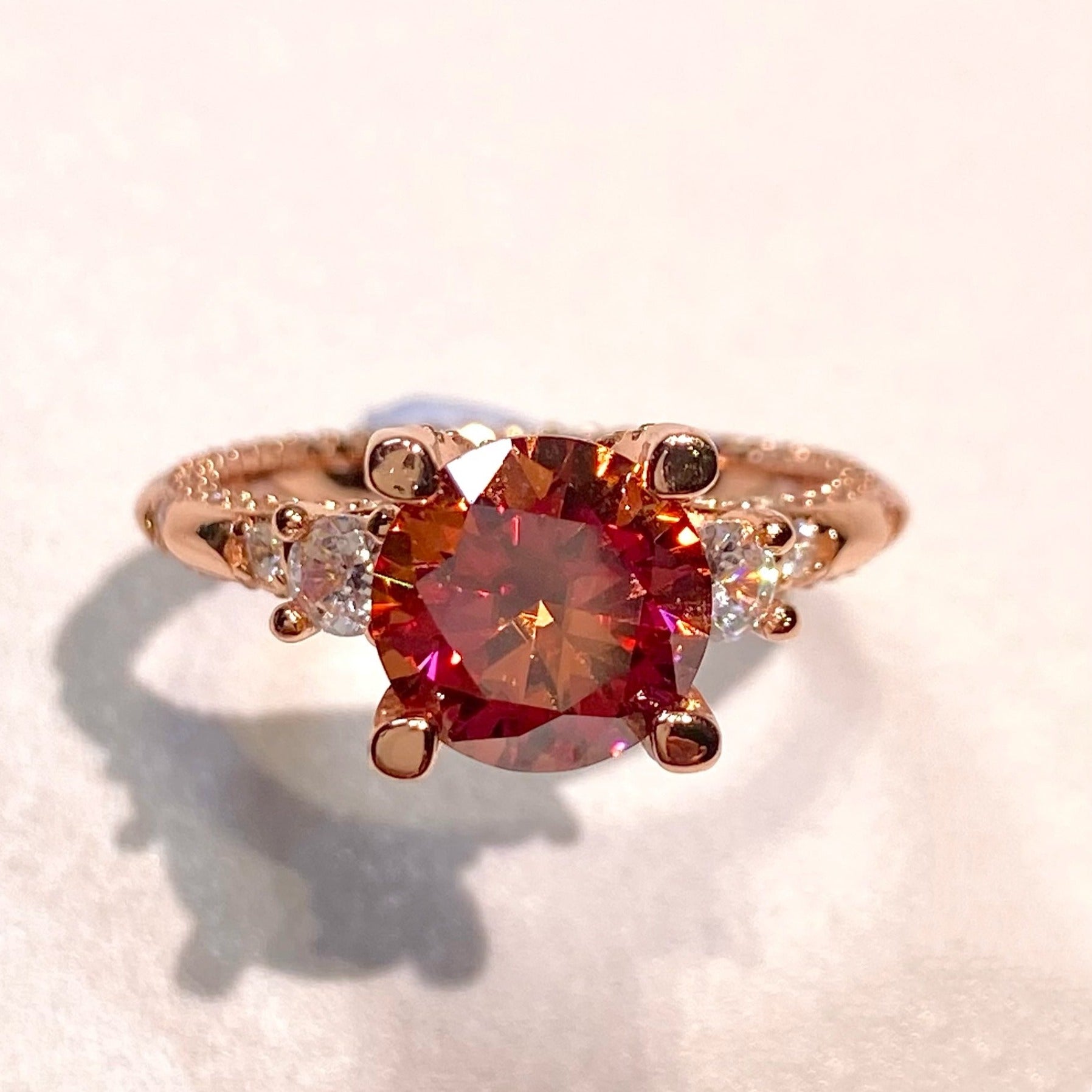 <20> Beryl —— Round Trilogy With Pavé red Moissanite ring