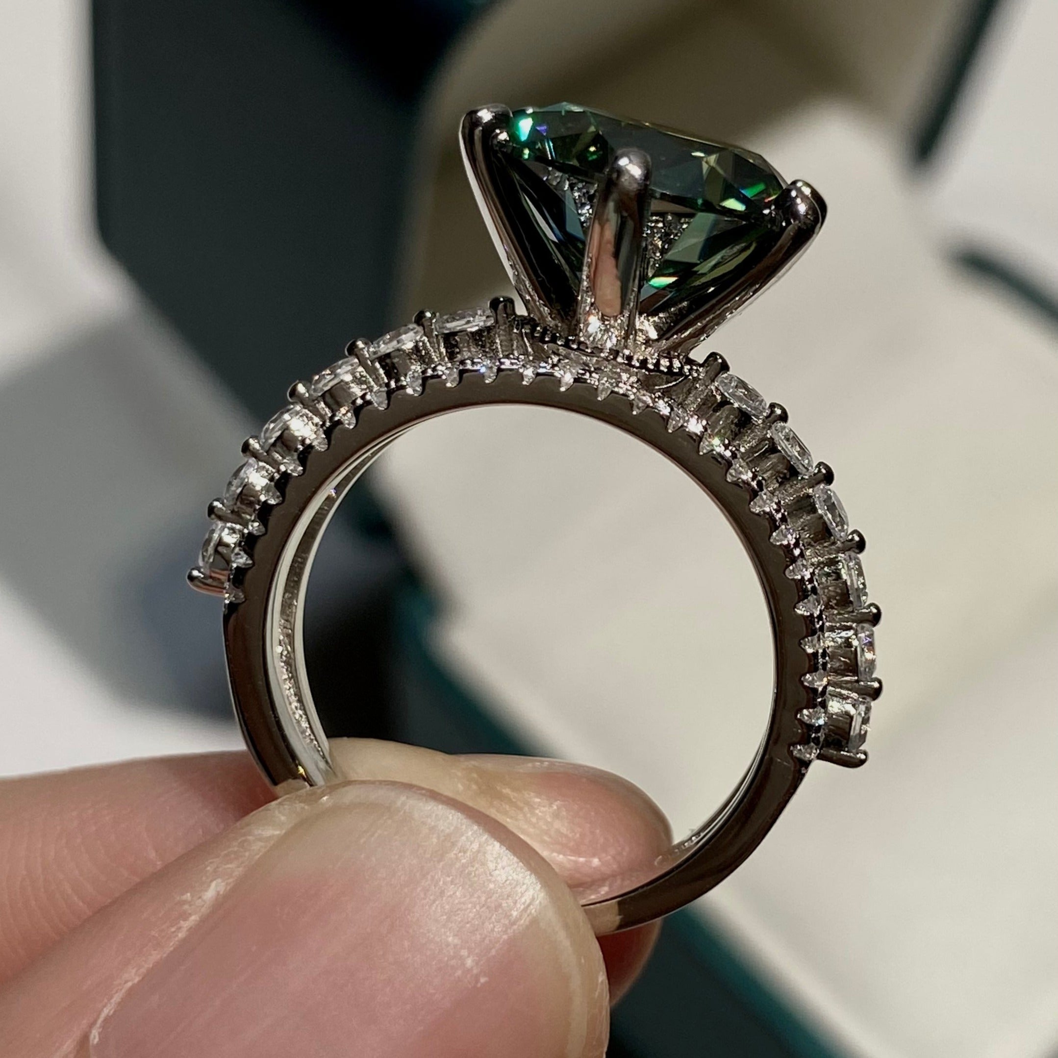 <14> Green on finger —— Round Green Moissante Halo With Pave Ring