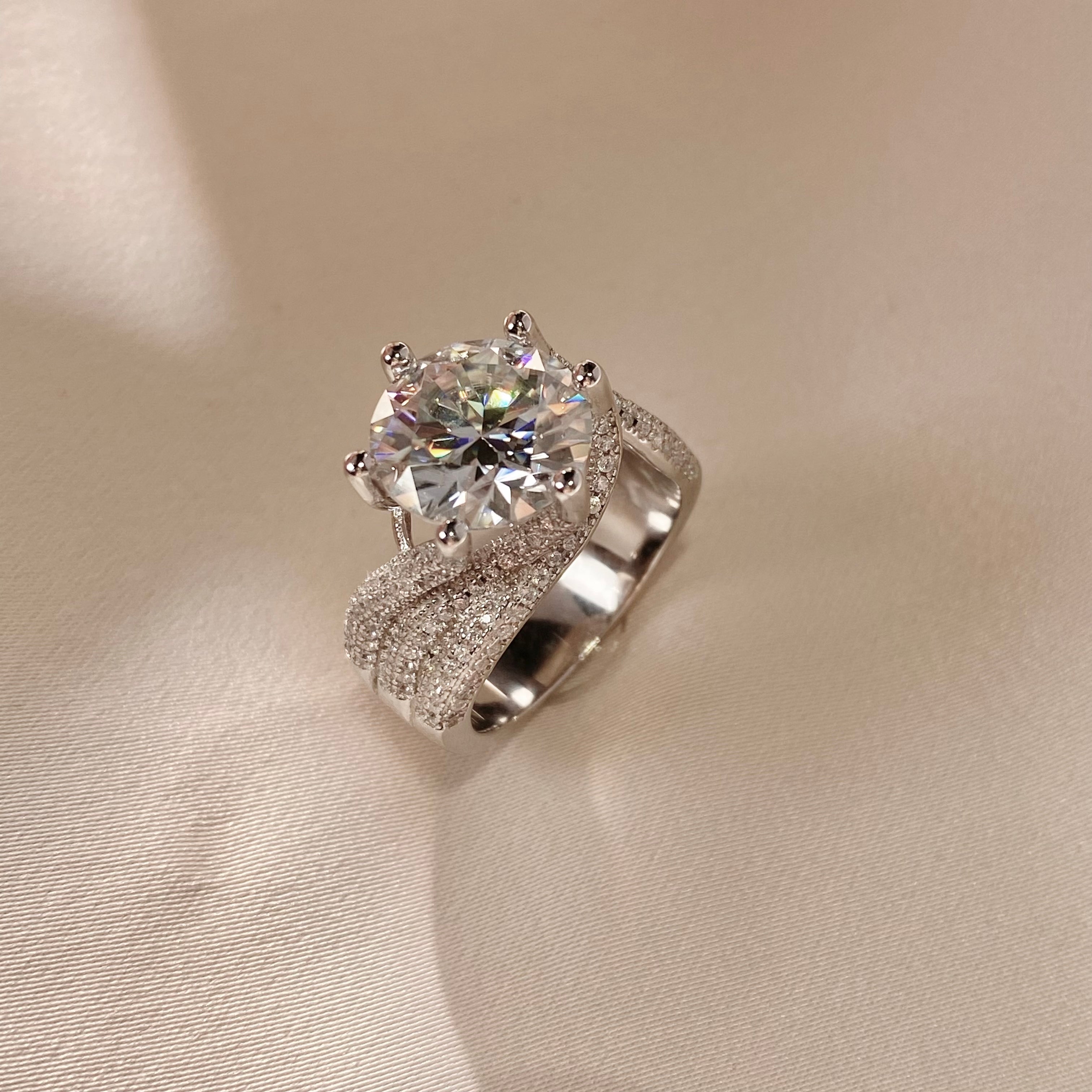 <13>Radiance ——  5CT Round Solitaire Cluster Half Pave Moissinate Ring